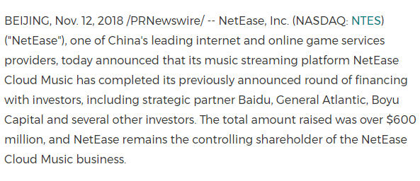 快讯|网易云音乐获光大控股旗下新经济基金等6亿美元新一轮融资， 中国在线音乐市场潜力巨大