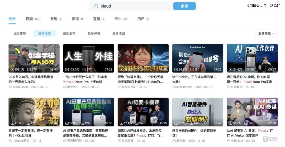 在B站上搜索“Plaud”,这家新兴的AI硬件品牌已经有诸多类型且播放数据不错的内容